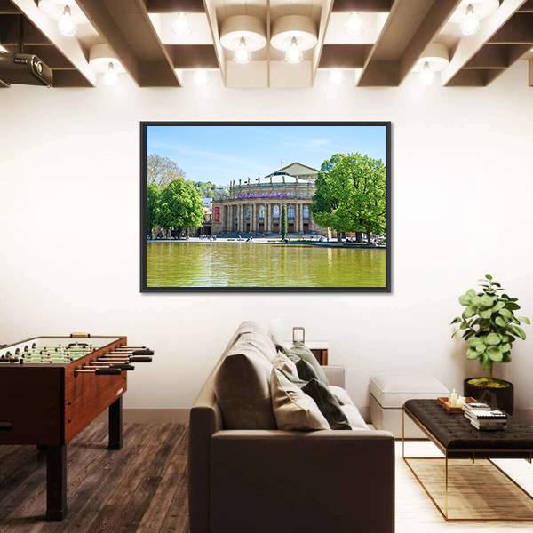 Stuttgart State Theatre Opera Building And Eckensee Lake Canvas Wall Art-3 Horizontal-Gallery Wrap-25" x 16"-Tiaracle
