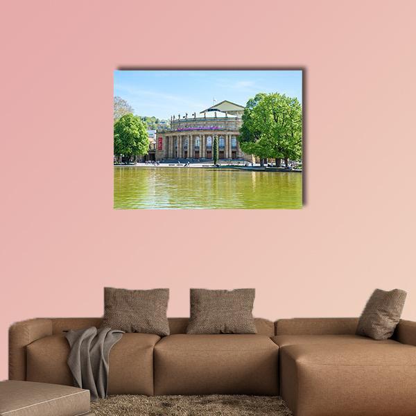 Stuttgart State Theatre Opera Building And Eckensee Lake Canvas Wall Art-1 Piece-Gallery Wrap-48" x 32"-Tiaracle