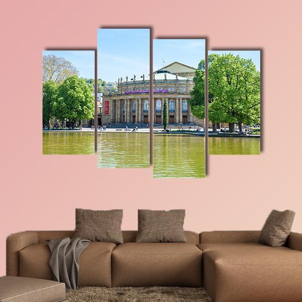 Stuttgart State Theatre Opera Building And Eckensee Lake Canvas Wall Art-4 Pop-Gallery Wrap-50" x 32"-Tiaracle