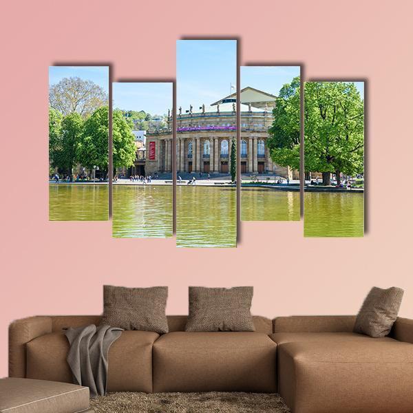 Stuttgart State Theatre Opera Building And Eckensee Lake Canvas Wall Art-5 Pop-Gallery Wrap-47" x 32"-Tiaracle