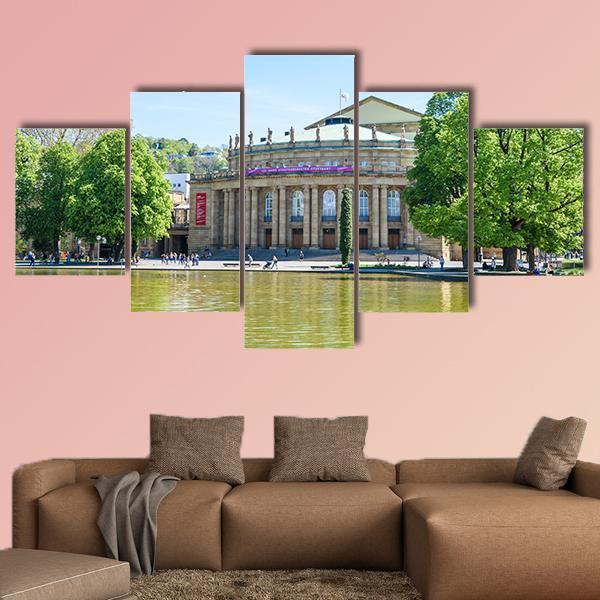 Stuttgart State Theatre Opera Building And Eckensee Lake Canvas Wall Art-5 Star-Gallery Wrap-62" x 32"-Tiaracle