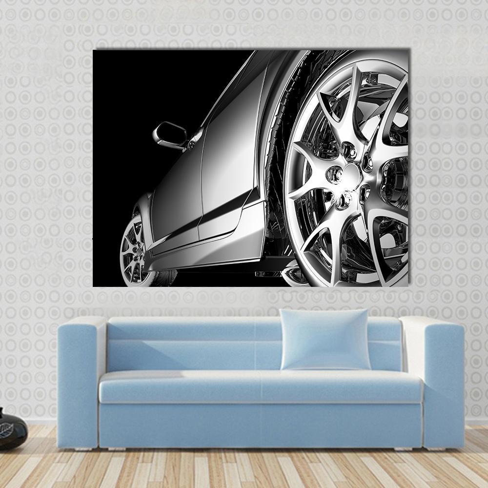 Stylish Car Canvas Wall Art in black, gray and silver, single panel hung on a wall