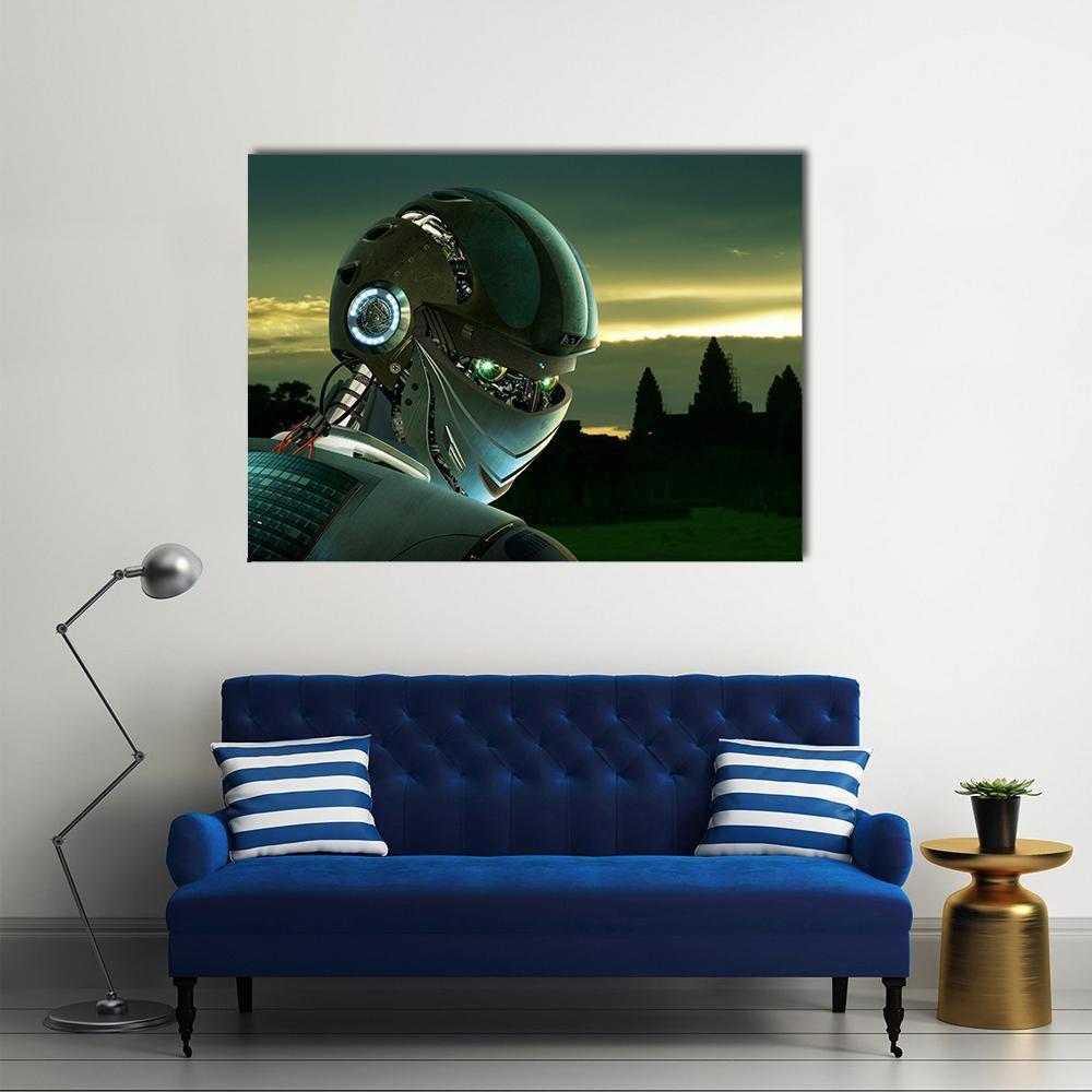 Dusk Robot Profile with Glowing Green Eyes Canvas Wall Art in black, yellow and green, single panel hung on a wall