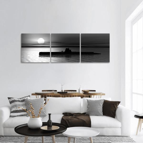 Submarine At Sea Sunset Panoramic Canvas Wall Art-3 Piece-25" x 08"-Tiaracle