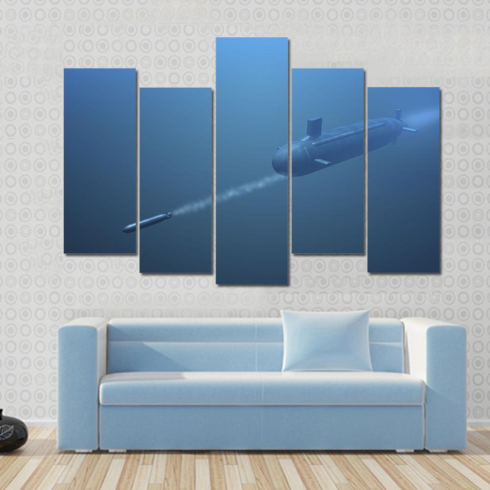 Submarine Shooting Missle Side View Canvas Wall Art-5 Pop-Gallery Wrap-47" x 32"-Tiaracle