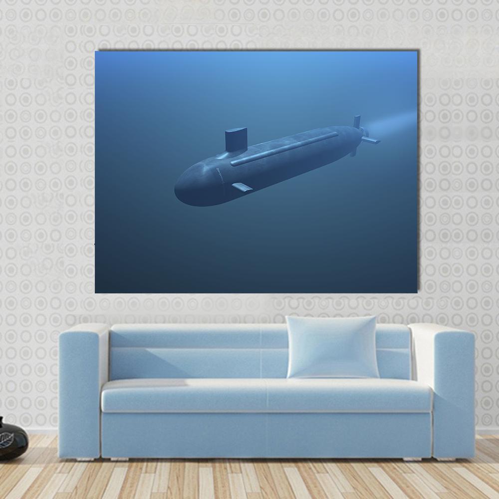 Submarine Underwater Front View Canvas Wall Art in blue and navy, single panel hung on a wall