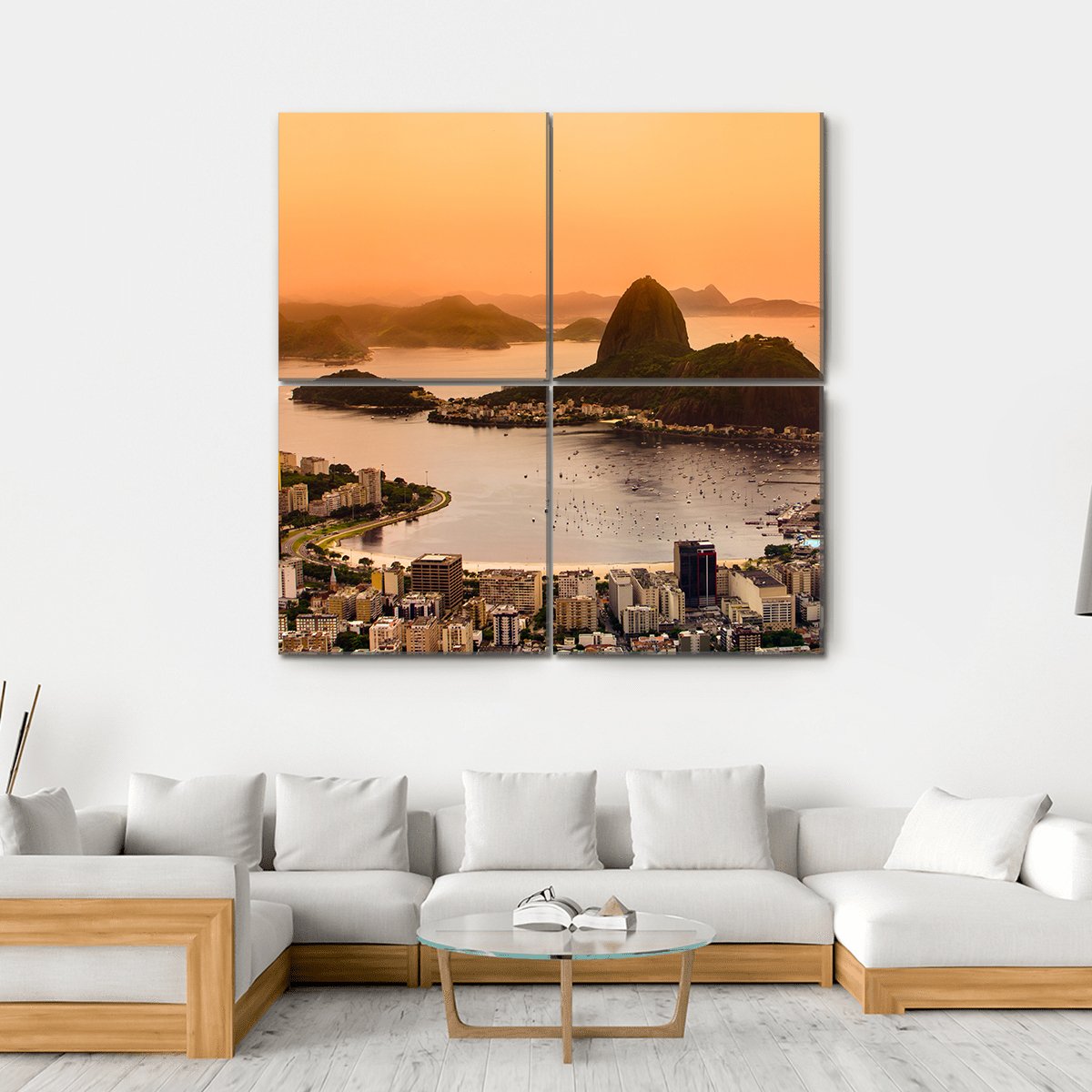 Suggar Loaf And Botafogo Beach At Sunset Canvas Wall Art-4 Square-Gallery Wrap-17" x 17"-Tiaracle