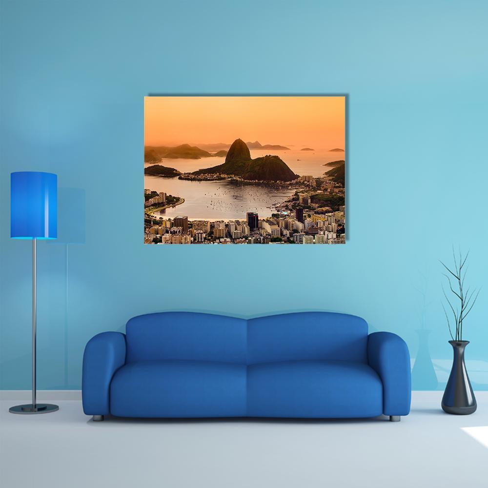 Sugarloaf and Botafogo Beach at Sunset Canvas Wall Art in brown, orange and yellow, single panel hung on a wall