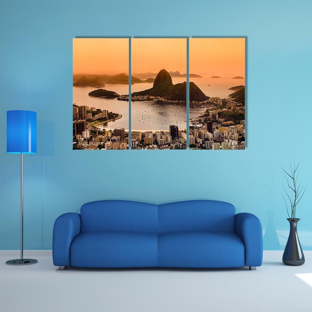 Suggar Loaf And Botafogo Beach At Sunset Canvas Wall Art-3 Horizontal-Gallery Wrap-37" x 24"-Tiaracle