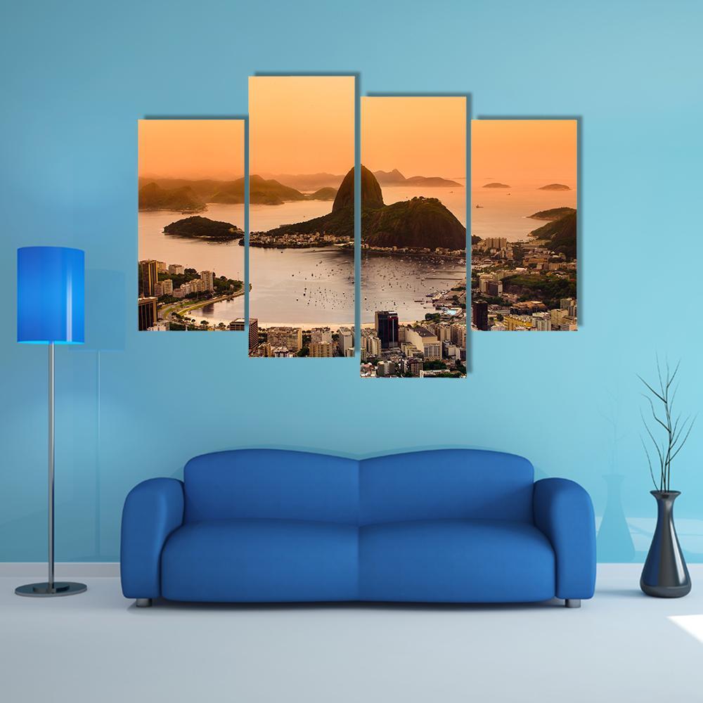 Suggar Loaf And Botafogo Beach At Sunset Canvas Wall Art-4 Pop-Gallery Wrap-50" x 32"-Tiaracle