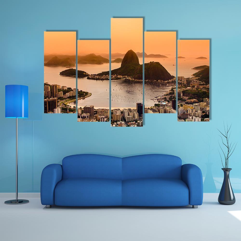 Suggar Loaf And Botafogo Beach At Sunset Canvas Wall Art-5 Pop-Gallery Wrap-47" x 32"-Tiaracle