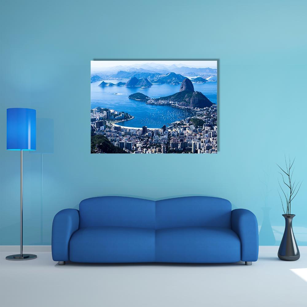 Sugarloaf and Botafogo Beach Canvas Wall Art in white and blue, single panel hung on a wall