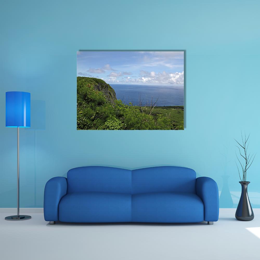 Suicide Cliff Ocean View, Saipan Canvas Wall Art in green and blue, single panel hung on a wall