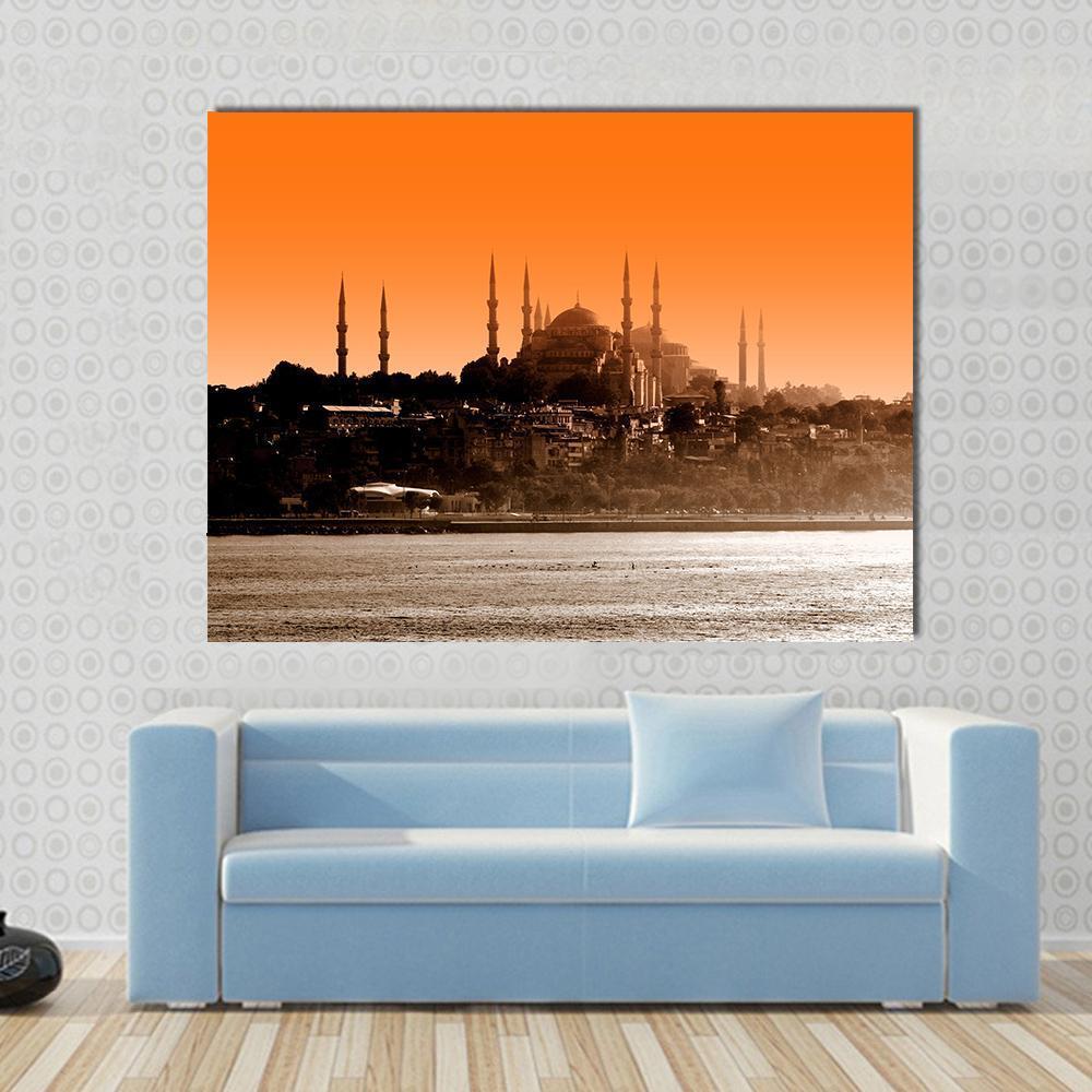 Sultan Ahmet Mosque at Sunset Canvas Wall Art in beige, brown and orange, single panel hung on a wall