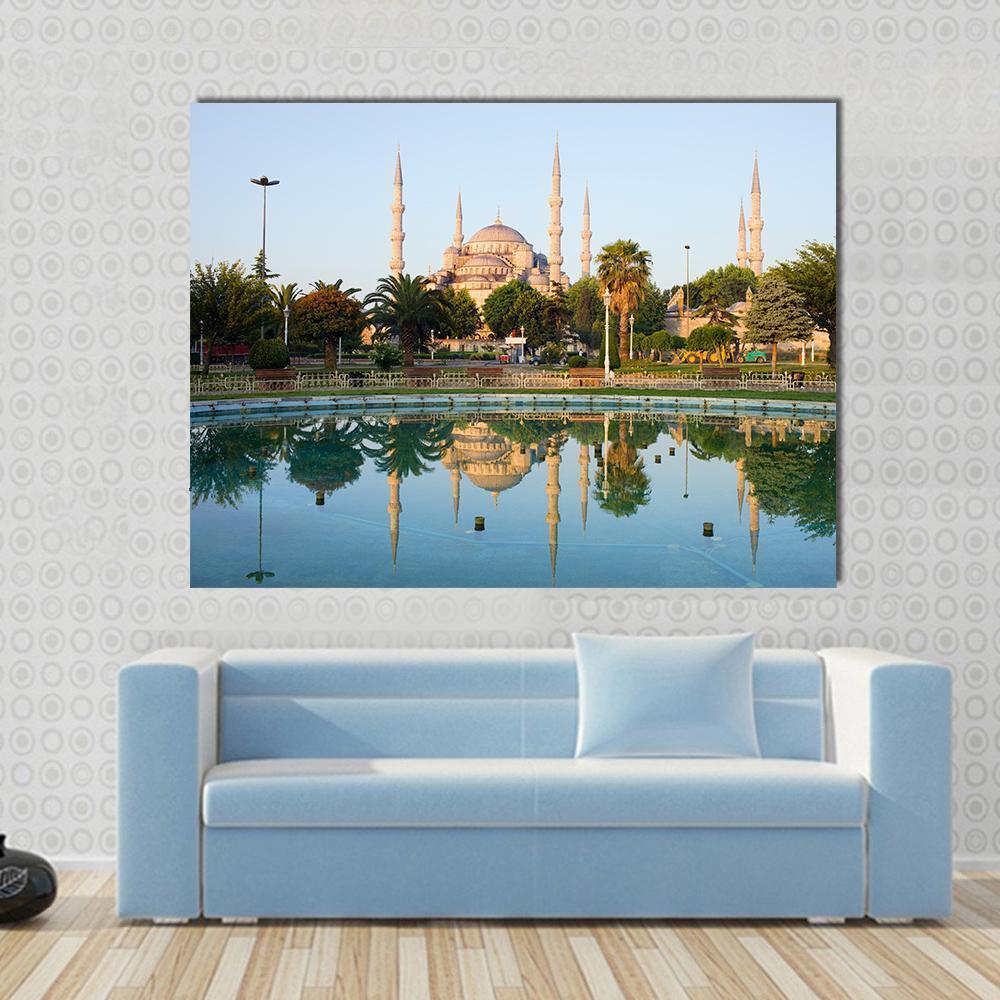 Sultan Ahmet Mosque Reflection in Istanbul Canvas Wall Art in green and blue, single panel hung on a wall