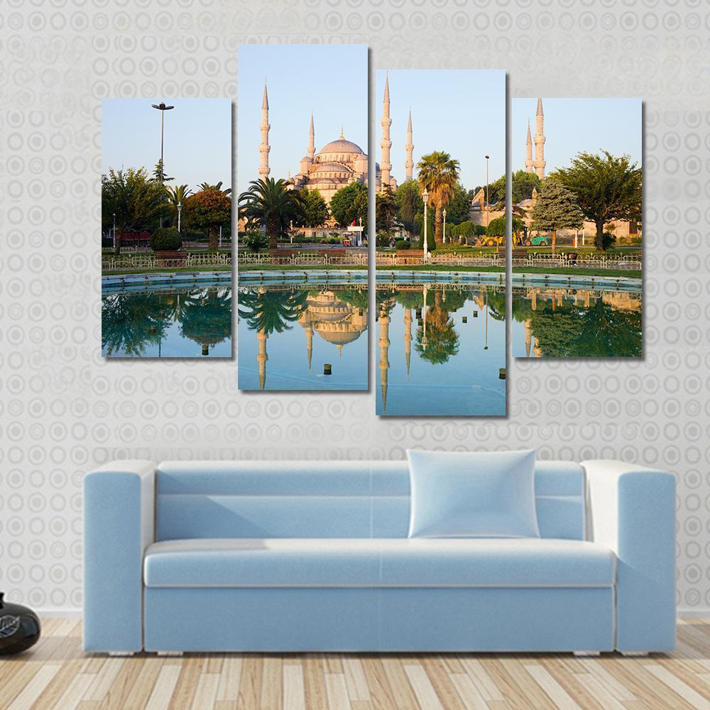 Sultan Ahmet Mosque With Reflection On Water In Istanbul Canvas Wall Art-4 Pop-Gallery Wrap-50" x 32"-Tiaracle