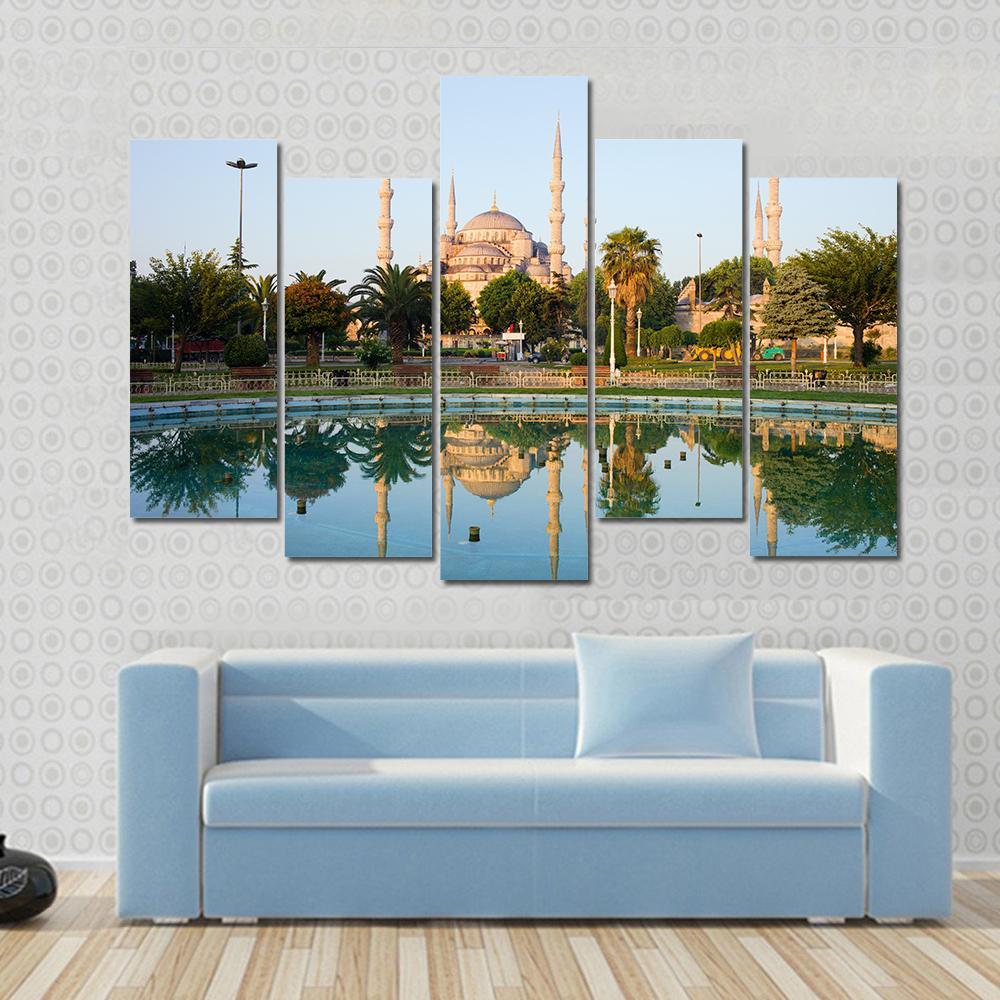 Sultan Ahmet Mosque With Reflection On Water In Istanbul Canvas Wall Art-5 Pop-Gallery Wrap-47" x 32"-Tiaracle