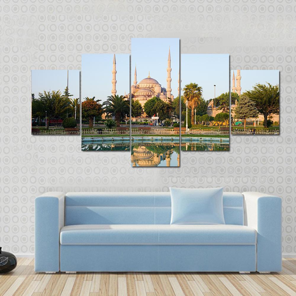 Sultan Ahmet Mosque With Reflection On Water In Istanbul Canvas Wall Art-5 Star-Gallery Wrap-62" x 32"-Tiaracle