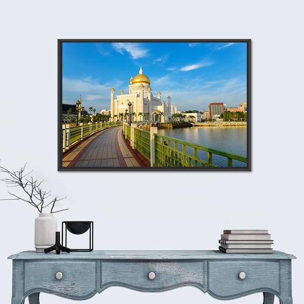 Sultan Omar Ali Saifuddin Mosque In Brunei Canvas Wall Art-1 Piece-Floating Frame-24" x 16"-Tiaracle
