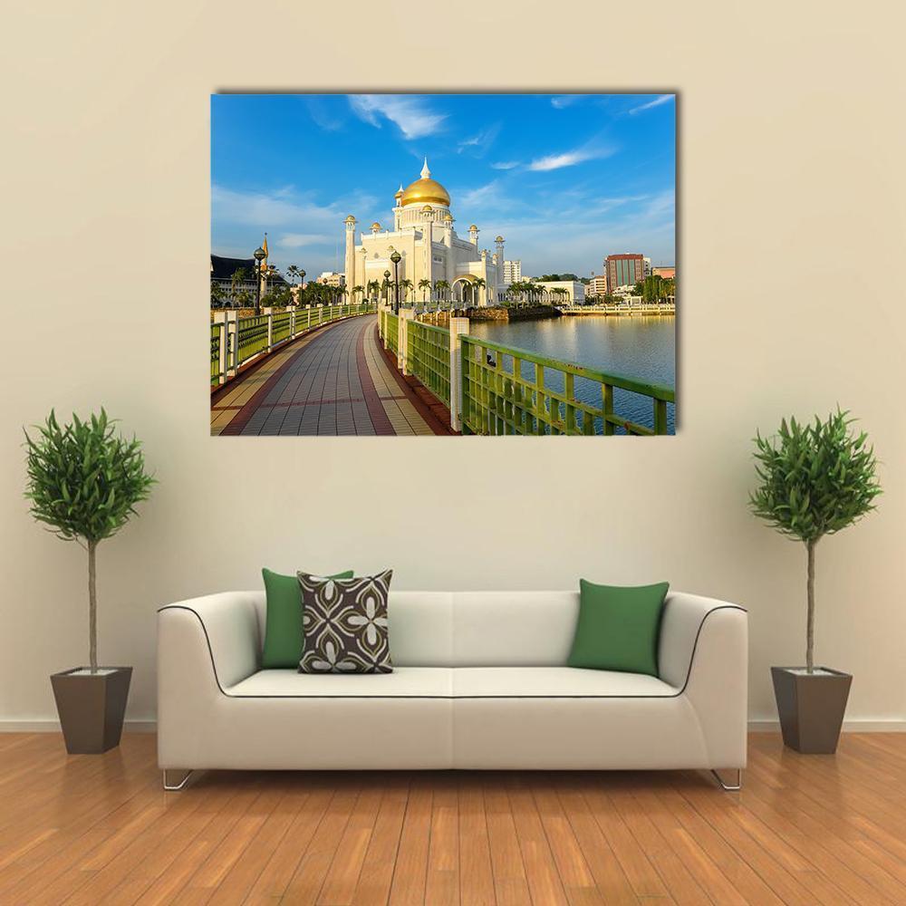 Sultan Omar Ali Saifuddin Mosque, Brunei Canvas Wall Art in white, gold and blue, single panel hung on a wall