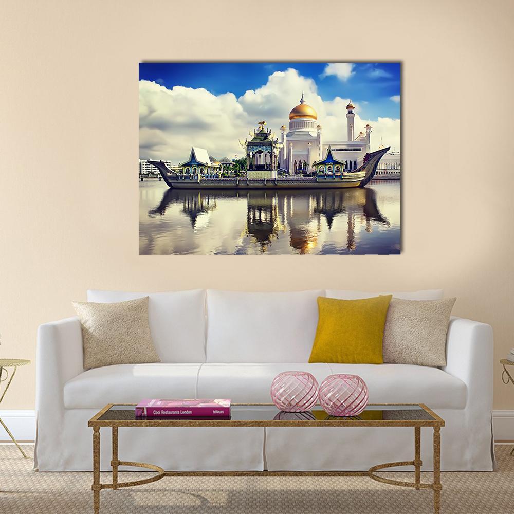 Omar Ali Saifuddien Mosque Canvas Wall Art in white, gold and blue, single panel hung on a wall