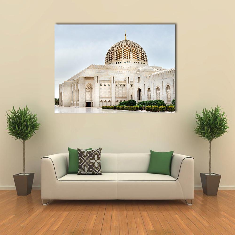 Sultan Qaboos Mosque Symmetrical Dome and Minarets Canvas Wall Art in white, beige and gold, single panel hung on a wall