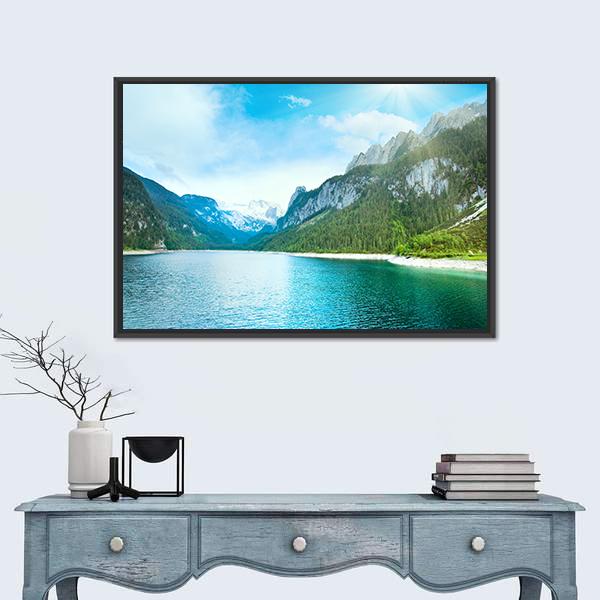 Summer Alpine Lake Gosausee View And Sunshine In Sky Austria Canvas Wall Art-1 Piece-Floating Frame-24" x 16"-Tiaracle