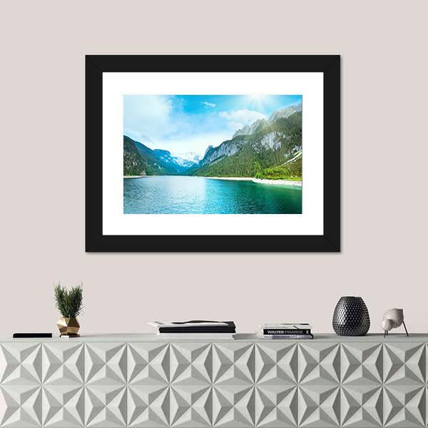 Summer Alpine Lake Gosausee View And Sunshine In Sky Austria Canvas Wall Art-1 Piece-Framed Print-20" x 16"-Tiaracle