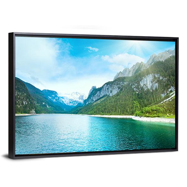 Summer Alpine Lake Gosausee View And Sunshine In Sky Austria Canvas Wall Art-3 Horizontal-Gallery Wrap-25" x 16"-Tiaracle