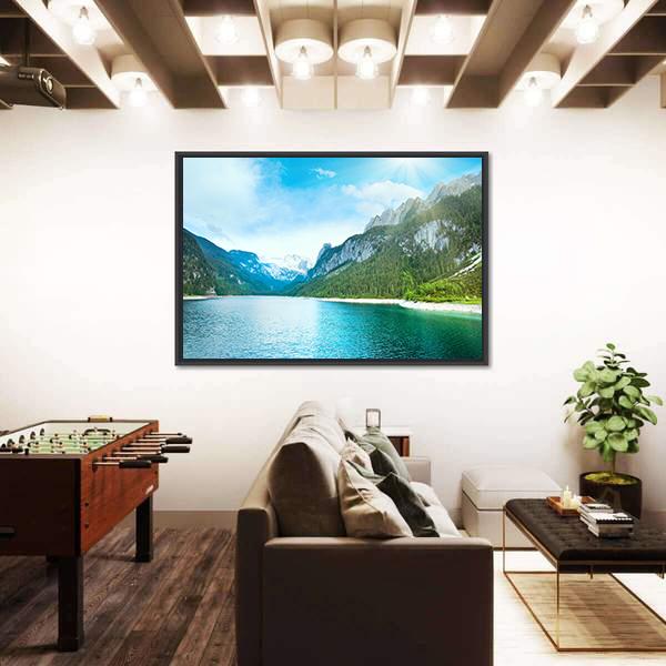Summer Alpine Lake Gosausee View And Sunshine In Sky Austria Canvas Wall Art-3 Horizontal-Gallery Wrap-25" x 16"-Tiaracle