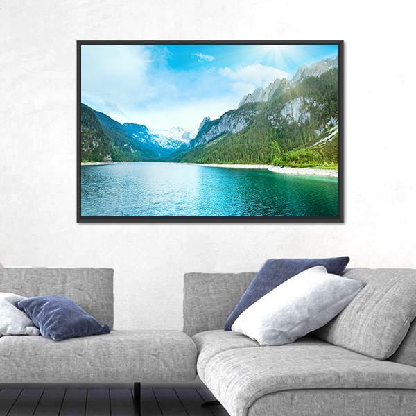 Summer Alpine Lake Gosausee View And Sunshine In Sky Austria Canvas Wall Art-3 Horizontal-Gallery Wrap-25" x 16"-Tiaracle