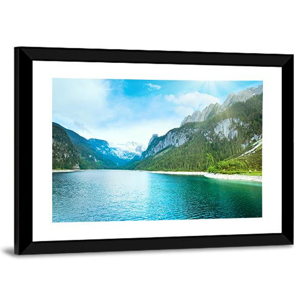 Summer Alpine Lake Gosausee View And Sunshine In Sky Austria Canvas Wall Art-3 Horizontal-Gallery Wrap-25" x 16"-Tiaracle
