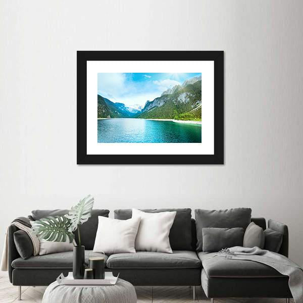 Summer Alpine Lake Gosausee View And Sunshine In Sky Austria Canvas Wall Art-3 Horizontal-Gallery Wrap-25" x 16"-Tiaracle