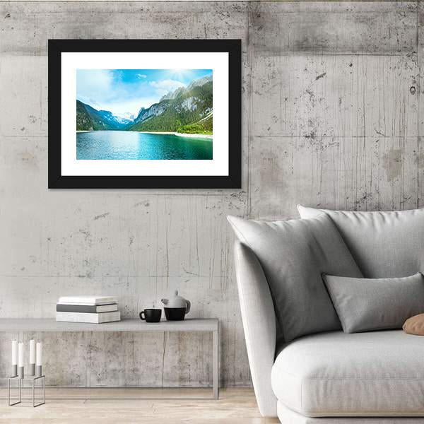 Summer Alpine Lake Gosausee View And Sunshine In Sky Austria Canvas Wall Art-3 Horizontal-Gallery Wrap-25" x 16"-Tiaracle