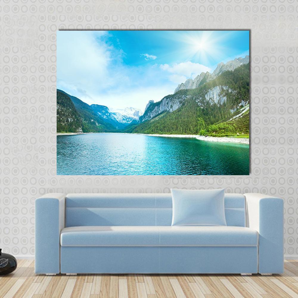 Summer Alpine Lake Gosausee View And Sunshine In Sky Austria Canvas Wall Art-1 Piece-Gallery Wrap-48" x 32"-Tiaracle