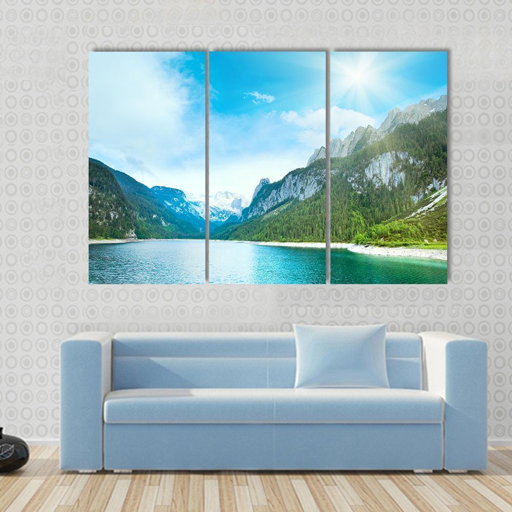 Summer Alpine Lake Gosausee View And Sunshine In Sky Austria Canvas Wall Art-3 Horizontal-Gallery Wrap-37" x 24"-Tiaracle