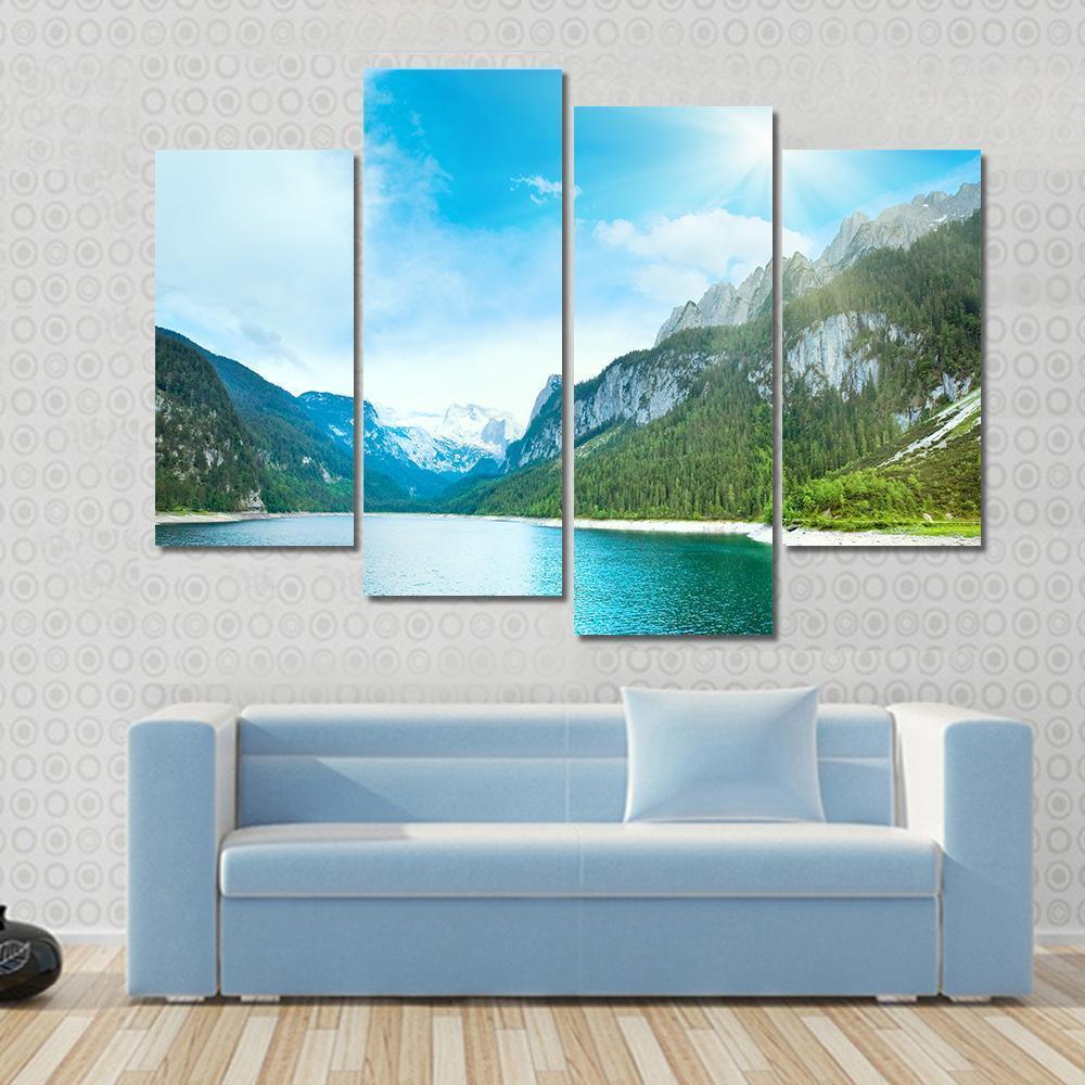Summer Alpine Lake Gosausee View And Sunshine In Sky Austria Canvas Wall Art-4 Pop-Gallery Wrap-50" x 32"-Tiaracle