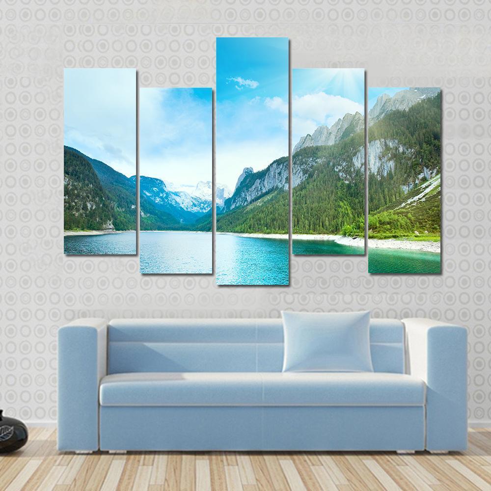 Summer Alpine Lake Gosausee View And Sunshine In Sky Austria Canvas Wall Art-5 Pop-Gallery Wrap-47" x 32"-Tiaracle
