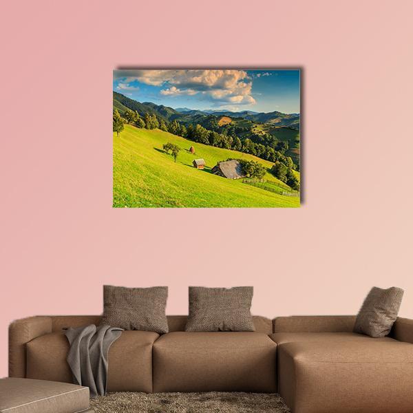 Summer Alpine Landscape in Romania Canvas Wall Art in green and blue, single panel hung on a wall