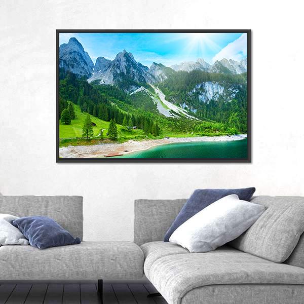 Summer Alpine Mountain Lake Canvas Wall Art-3 Horizontal-Gallery Wrap-25" x 16"-Tiaracle