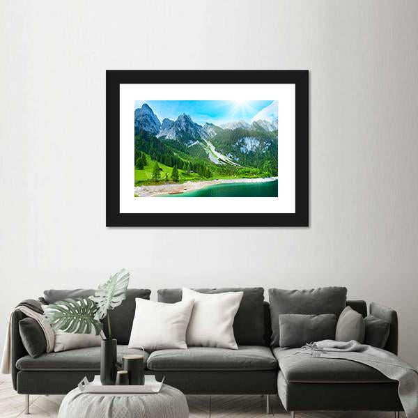 Summer Alpine Mountain Lake Canvas Wall Art-3 Horizontal-Gallery Wrap-25" x 16"-Tiaracle