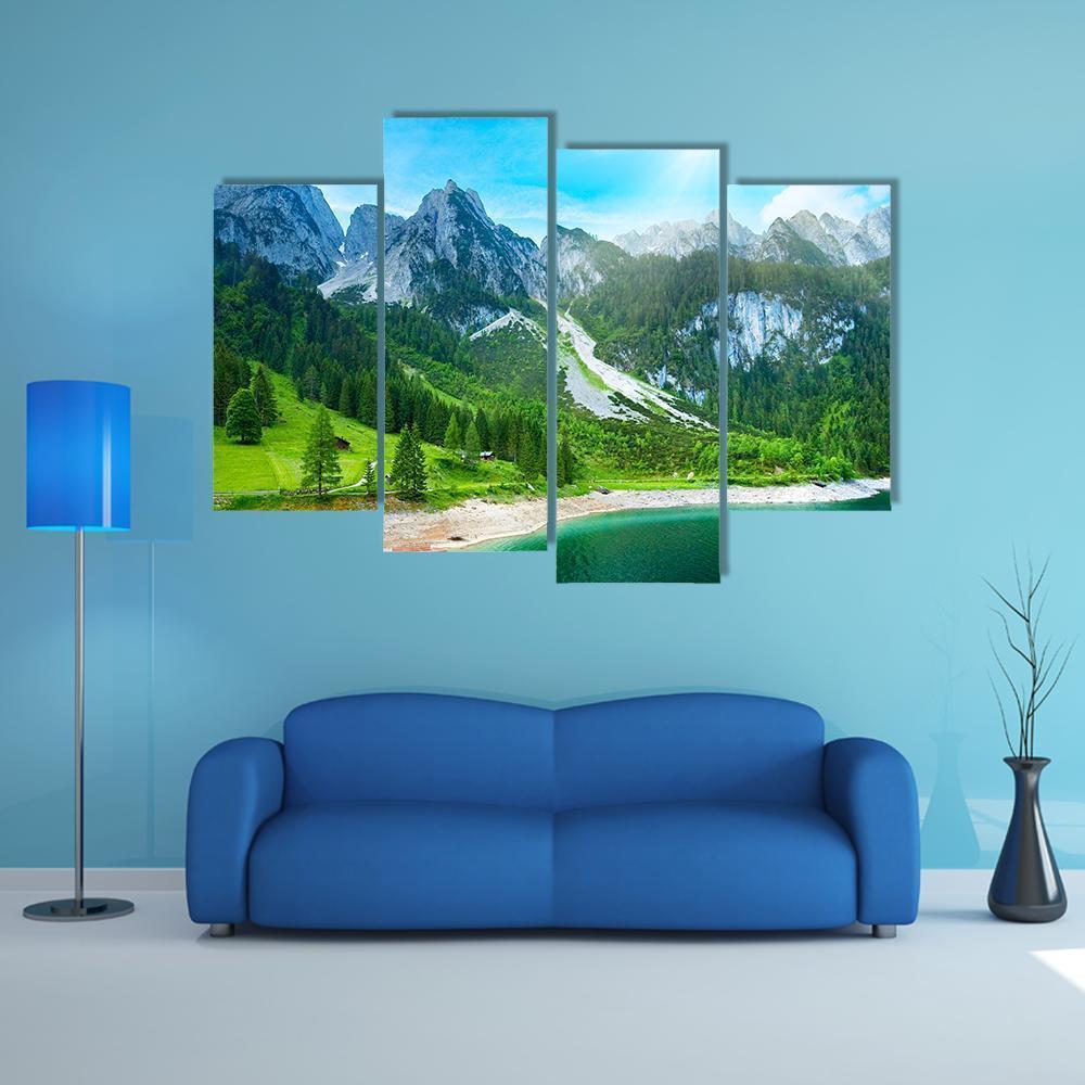 Summer Alpine Mountain Lake Canvas Wall Art-4 Pop-Gallery Wrap-50" x 32"-Tiaracle