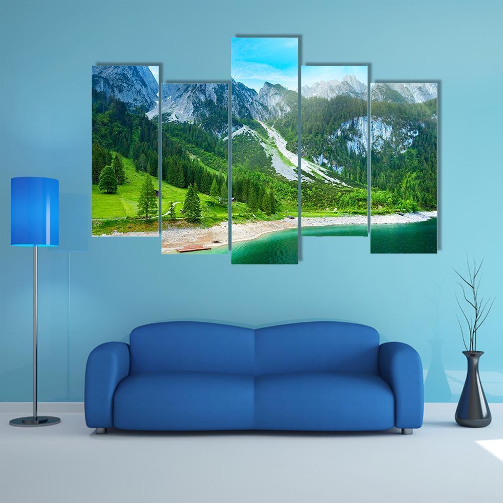 Summer Alpine Mountain Lake Canvas Wall Art-5 Pop-Gallery Wrap-47" x 32"-Tiaracle