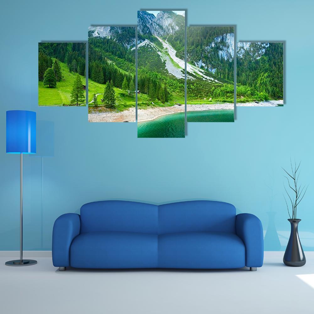 Summer Alpine Mountain Lake Canvas Wall Art in gray, green and blue, 5 panel Star layout hung on a wall