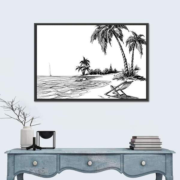 Summer Beach Pencil Drawing Canvas Wall Art-1 Piece-Floating Frame-24" x 16"-Tiaracle