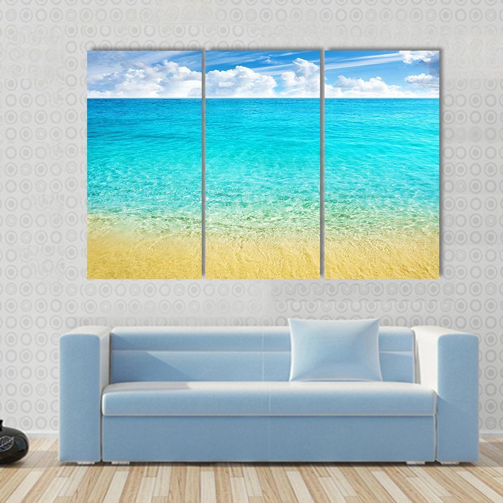 Summer Beach With Clear Water And Blue Cloudy Sky Canvas Wall Art-3 Horizontal-Gallery Wrap-37" x 24"-Tiaracle