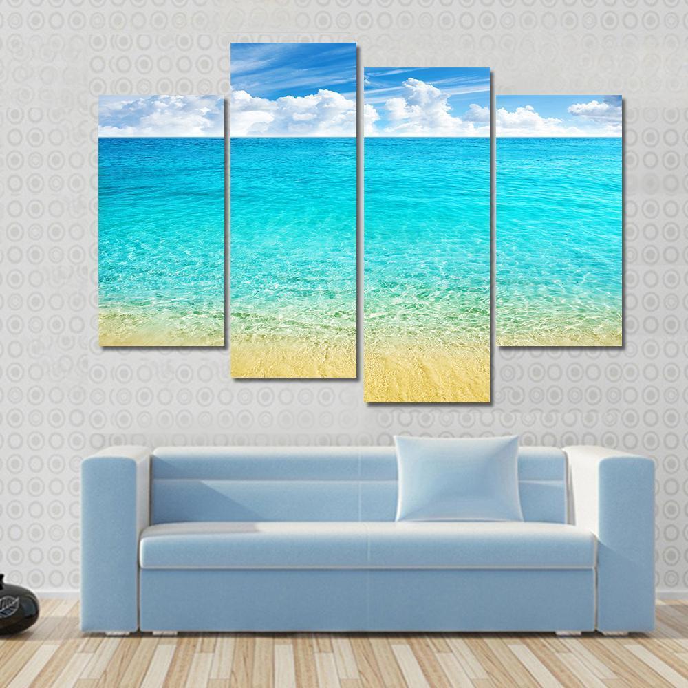 Summer Beach With Clear Water And Blue Cloudy Sky Canvas Wall Art-4 Pop-Gallery Wrap-50" x 32"-Tiaracle