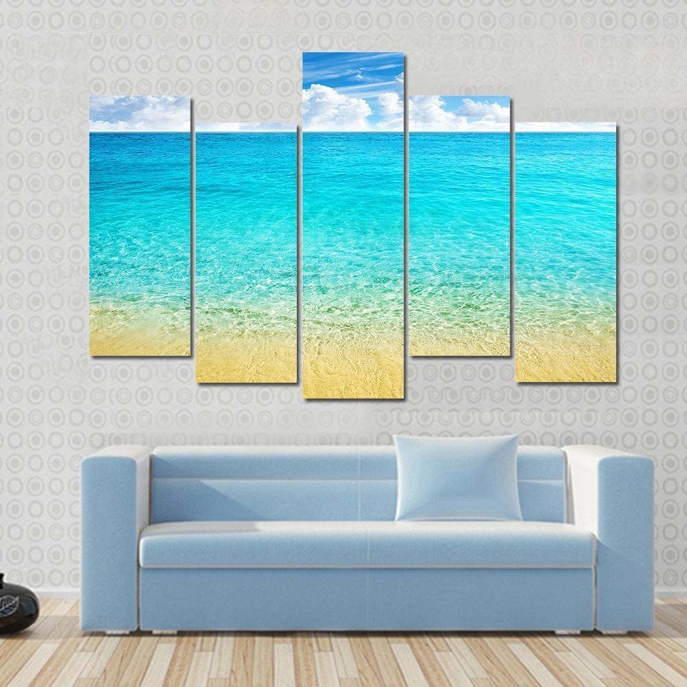Summer Beach With Clear Water And Blue Cloudy Sky Canvas Wall Art-5 Pop-Gallery Wrap-47" x 32"-Tiaracle