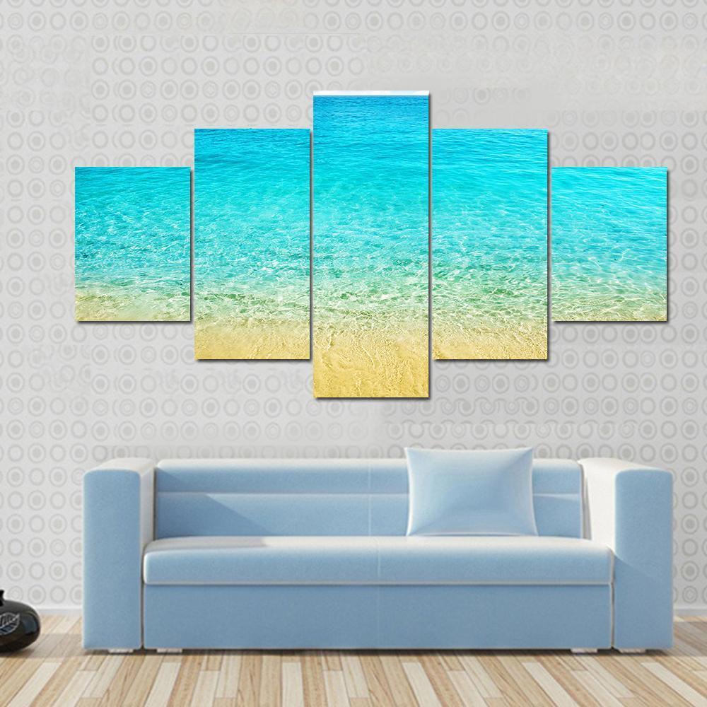 Summer Beach With Clear Water And Blue Cloudy Sky Canvas Wall Art-5 Star-Gallery Wrap-62" x 32"-Tiaracle