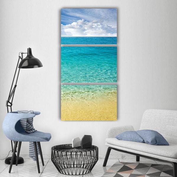 Summer Beach With Clear Water And Blue Cloudy Sky Vertical Canvas Wall Art-3 Vertical-Gallery Wrap-12" x 25"-Tiaracle